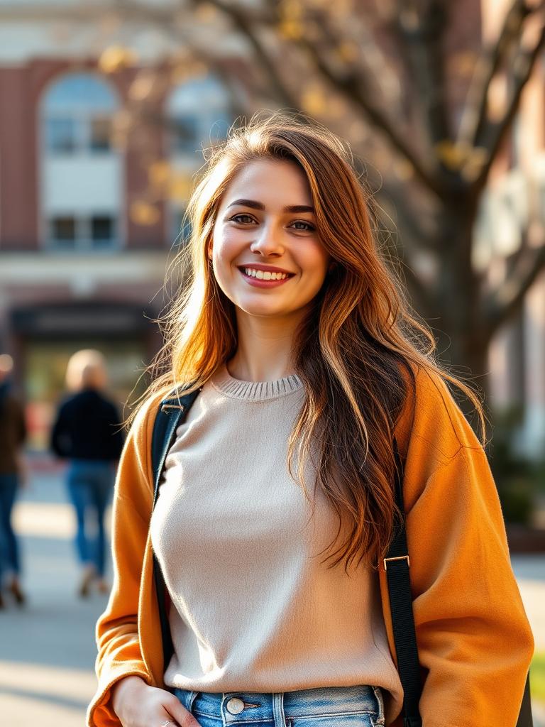 A young woman smiling outdoors on a campus walkway