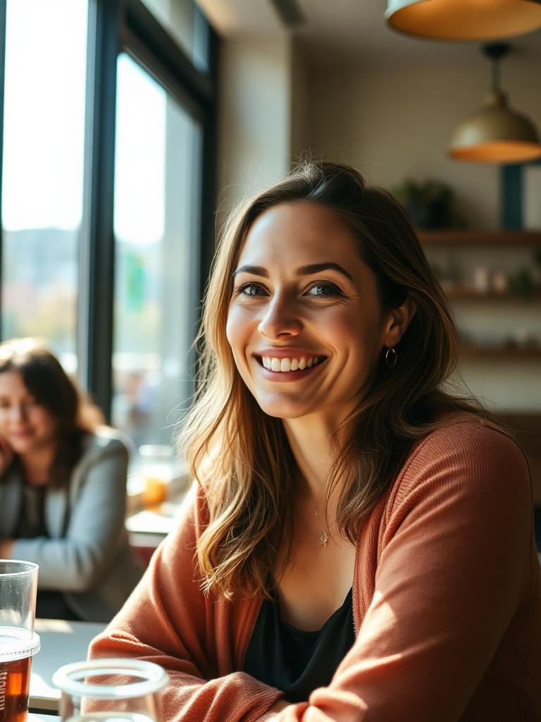A woman smiling warmly in a bright café
