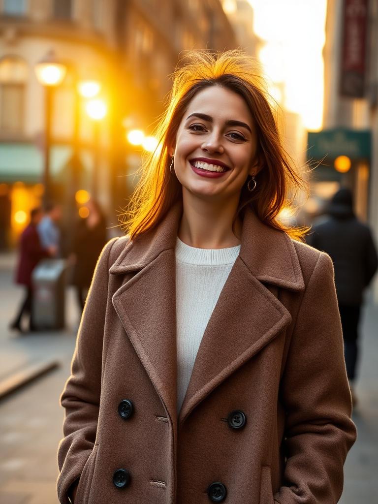 A young woman smiling on a city street at golden hour