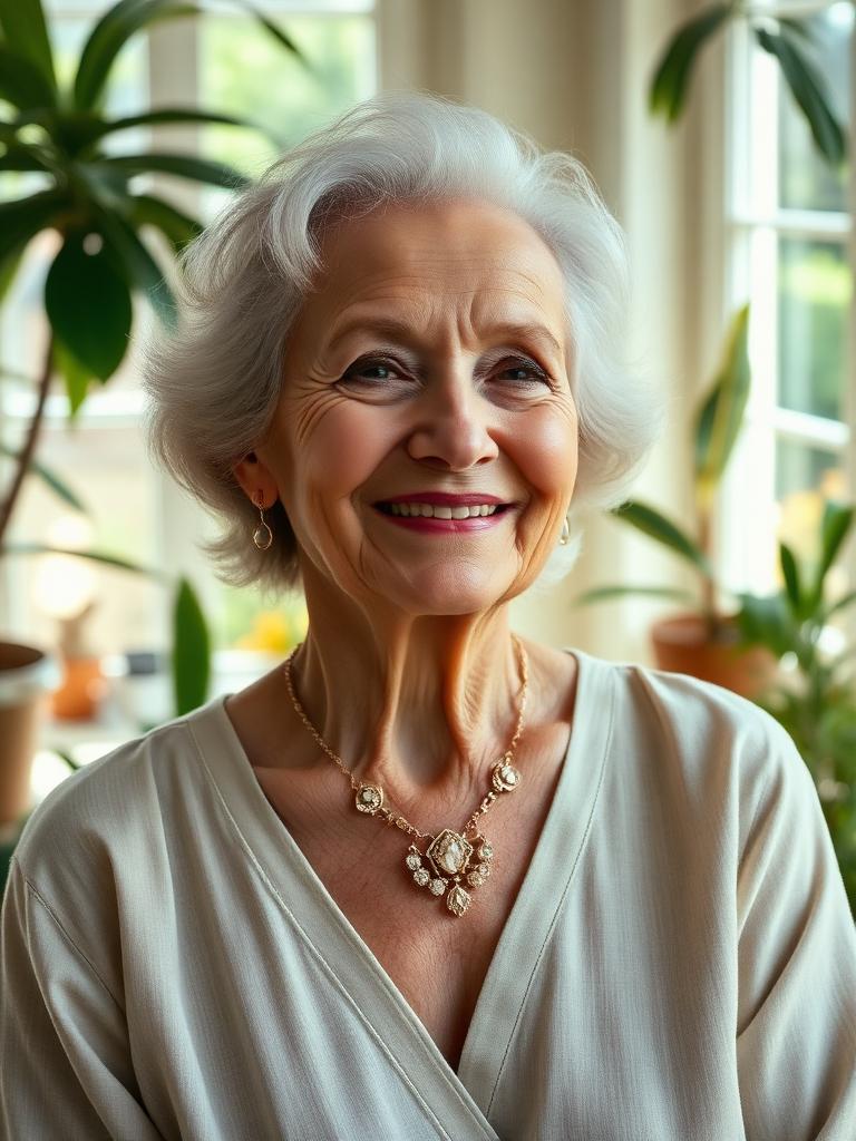 An elegant grandmother smiling in a sunlit plant-filled room