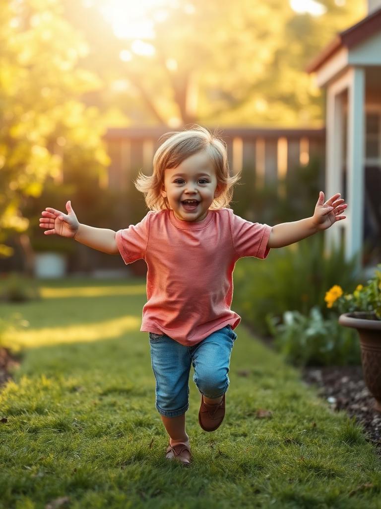 A young child running through a sunlit garden