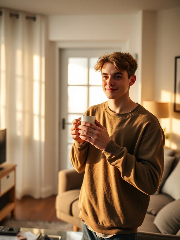 A young adult with a mug in a sunlit first apartment