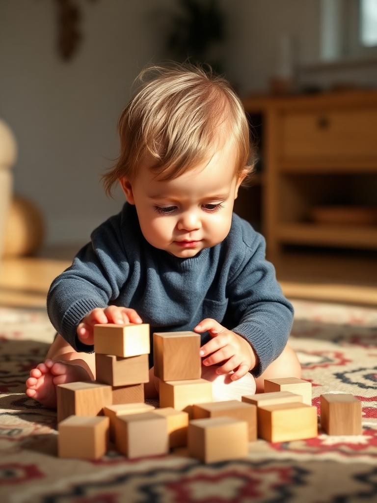 A toddler stacking wooden blocks on a rug