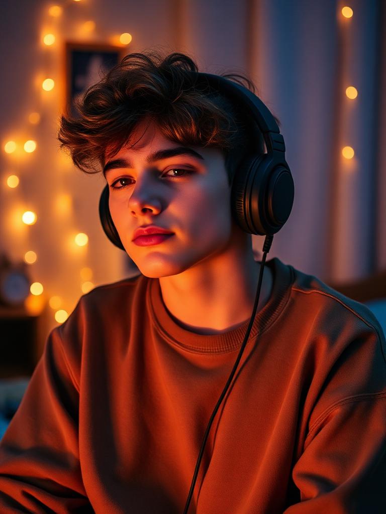 A teenager with headphones in a warmly lit room