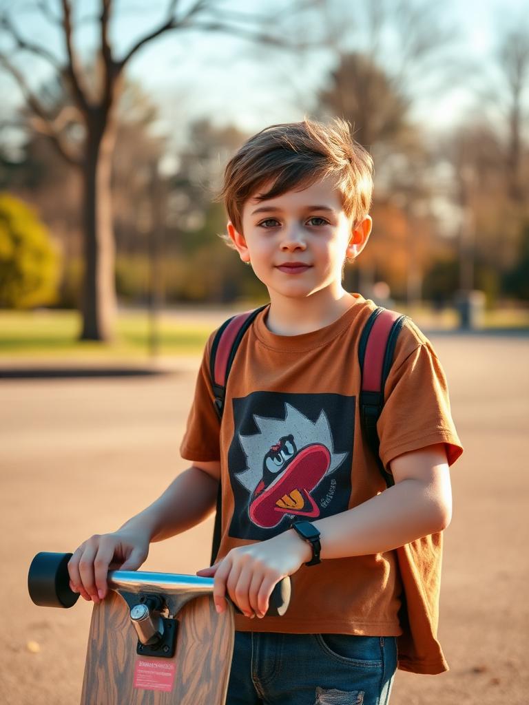 A tween holding a skateboard in a park