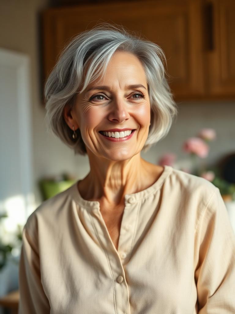 A silver-haired mother smiling in a bright kitchen