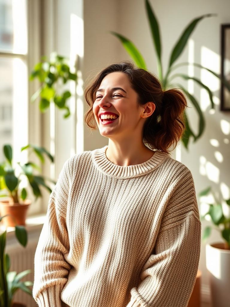 A woman laughing in a plant-filled sunlit apartment