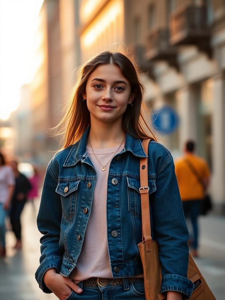 A teenage girl in a denim jacket on a sunlit city street