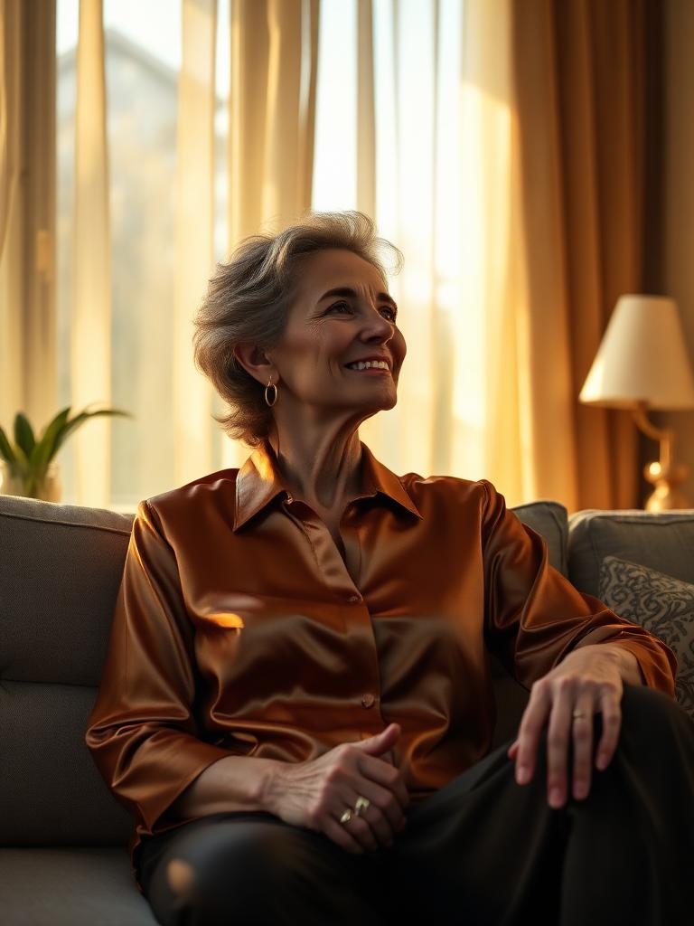 A woman in a silk blouse relaxing in warm evening light